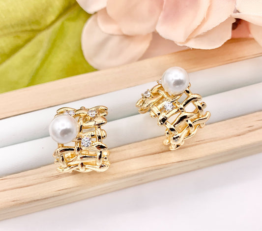 Thick CZ Pave Earring Hoop with Pearl in Real Gold 18K Over Copper 3 PAIRS
