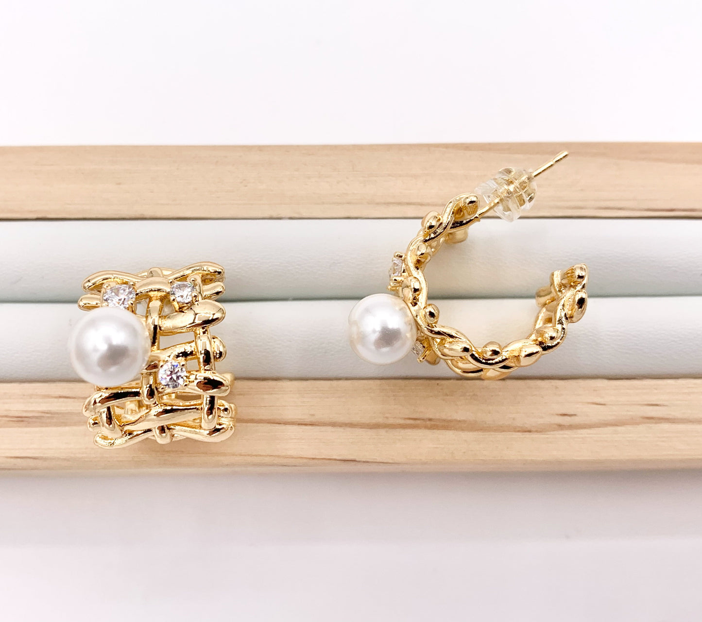 Thick CZ Pave Earring Hoop with Pearl in Real Gold 18K Over Copper 3 PAIRS