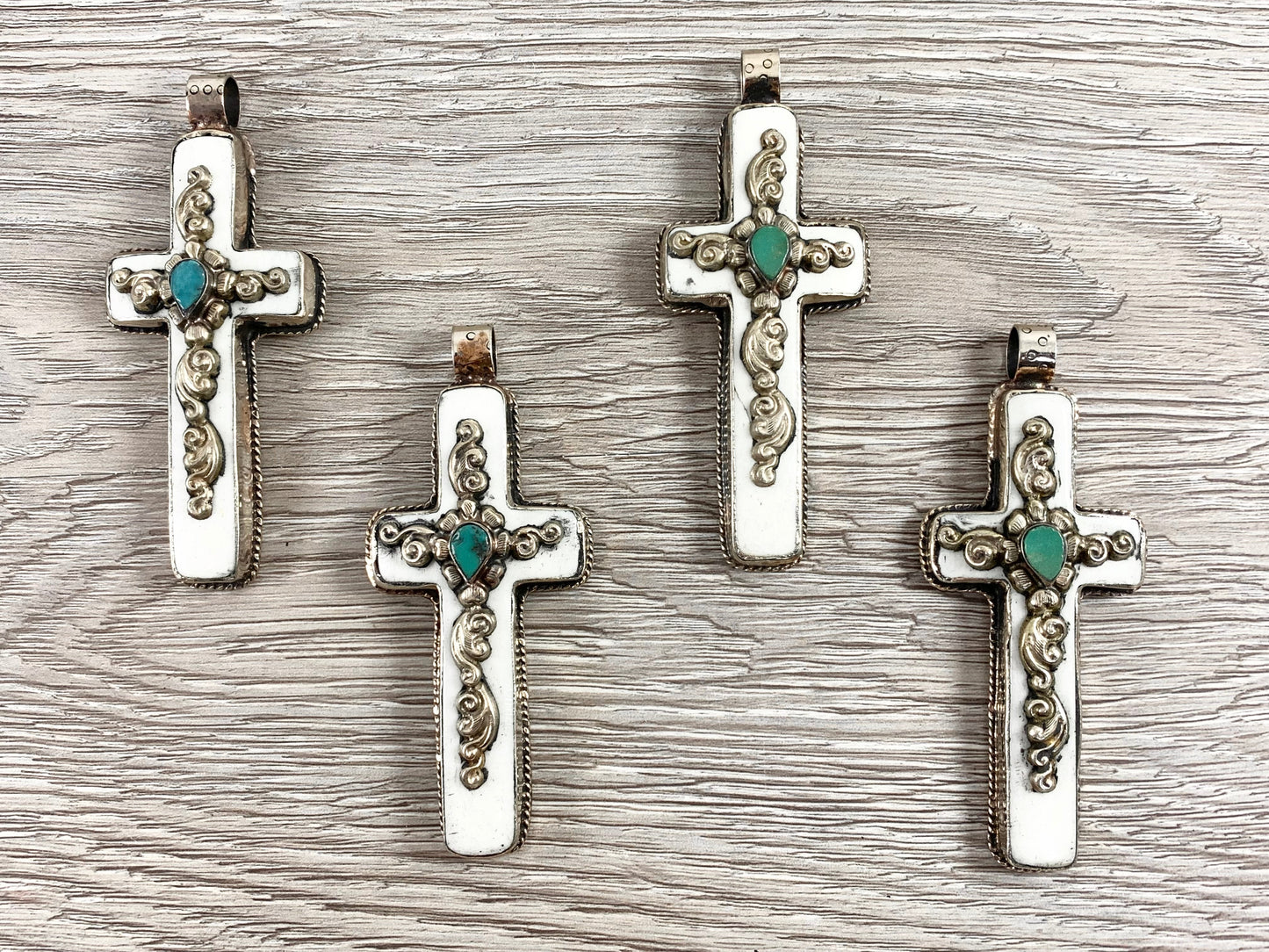 Tibetan Silver Bone Cross Pendant with Turquoise