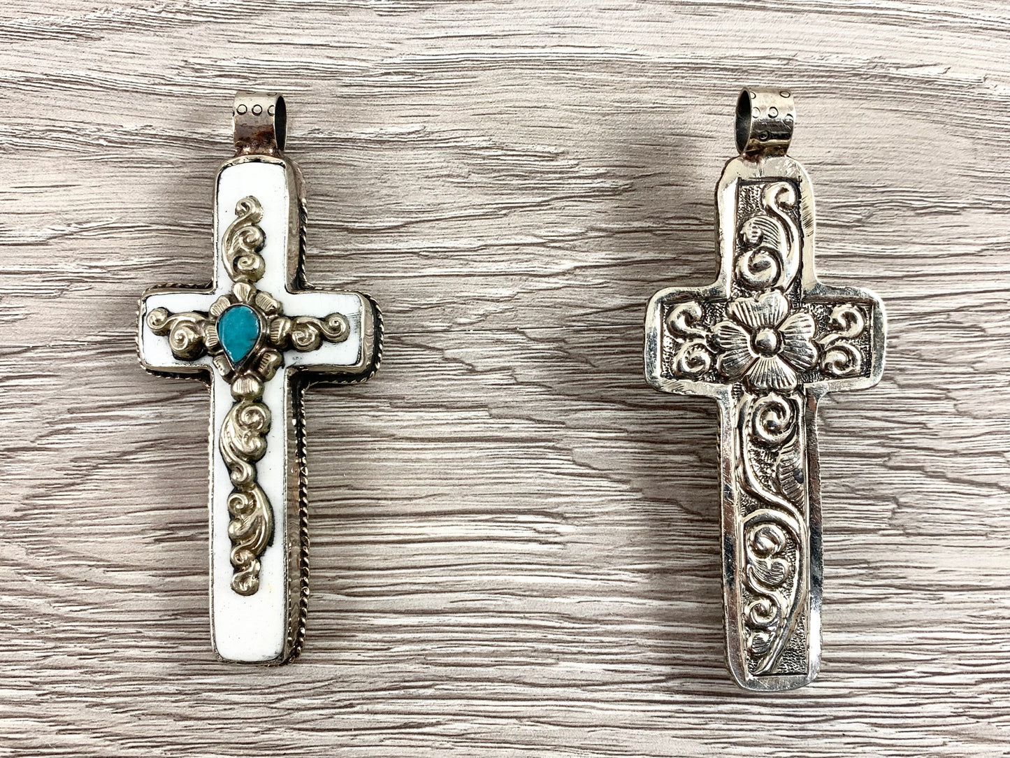 Tibetan Silver Bone Cross Pendant with Turquoise