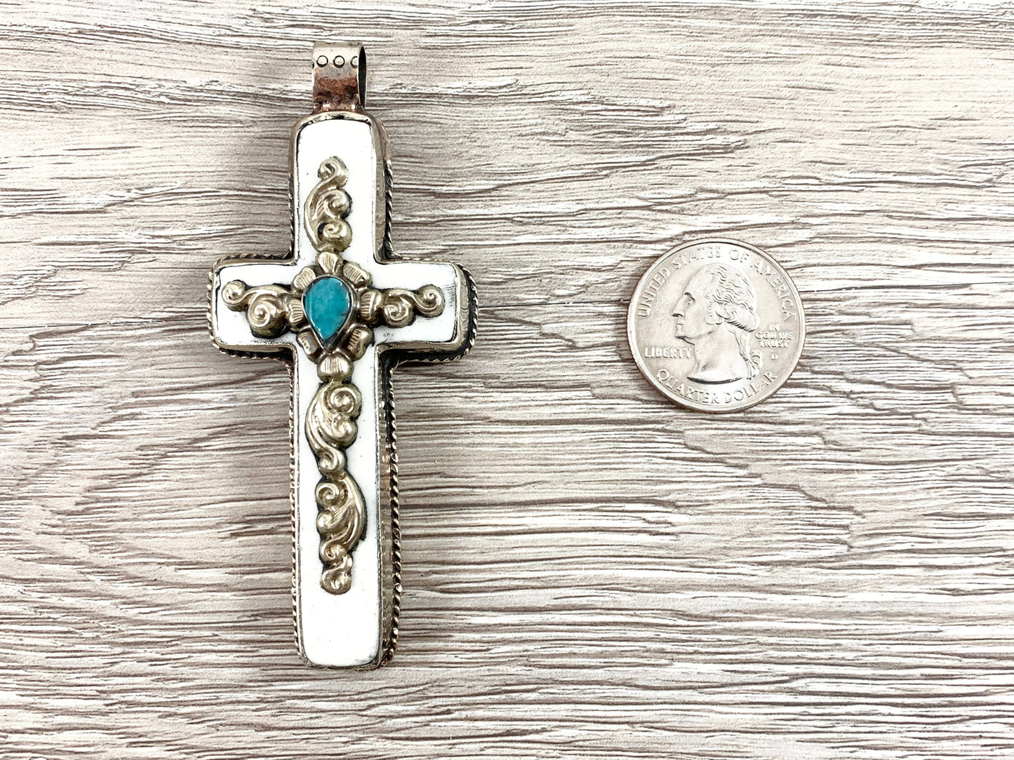 Tibetan Silver Bone Cross Pendant with Turquoise
