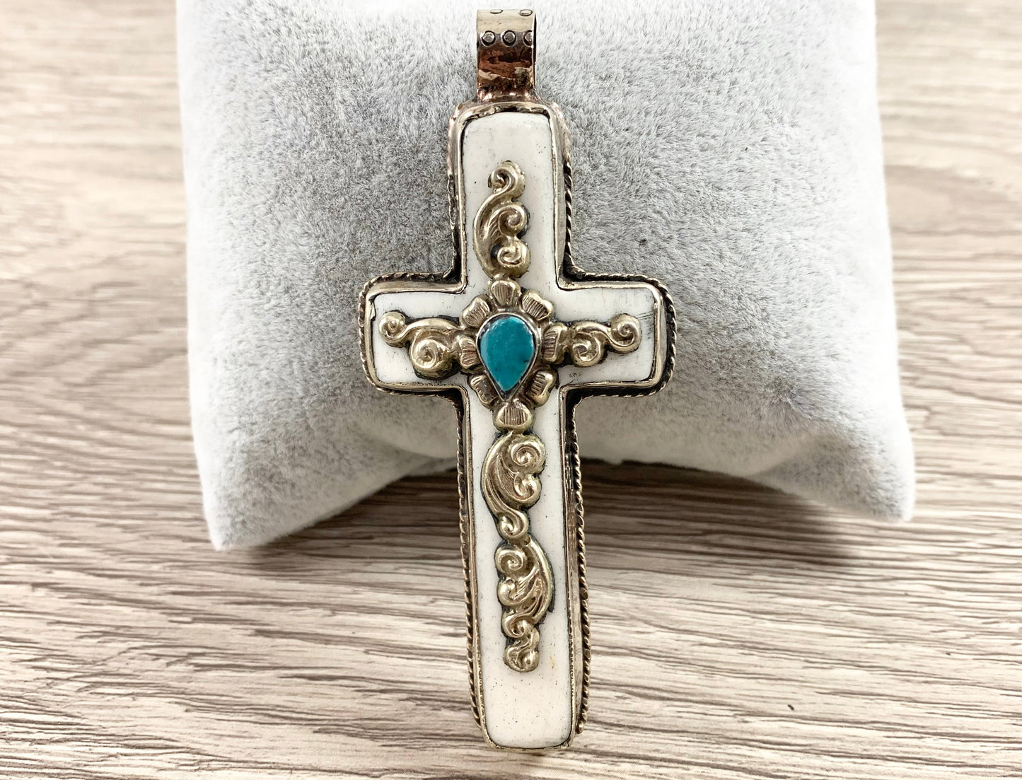 Tibetan Silver Bone Cross Pendant with Turquoise