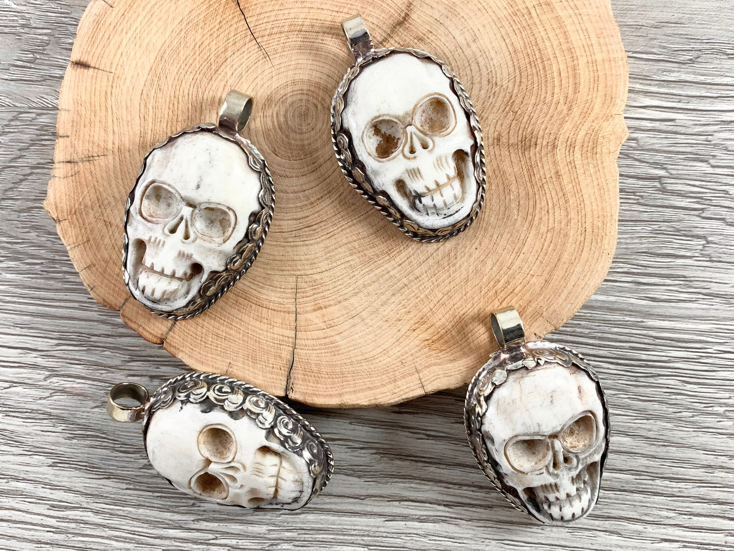Tibetan Silver Bone Skull Pendant Handmade Hand Carved Pendant