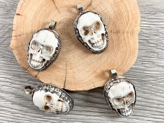 Tibetan Silver Bone Skull Pendant Handmade Hand Carved Pendant