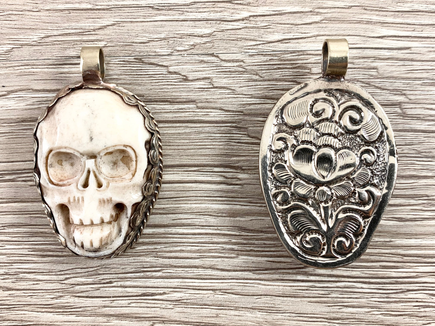 Tibetan Silver Bone Skull Pendant Handmade Hand Carved Pendant