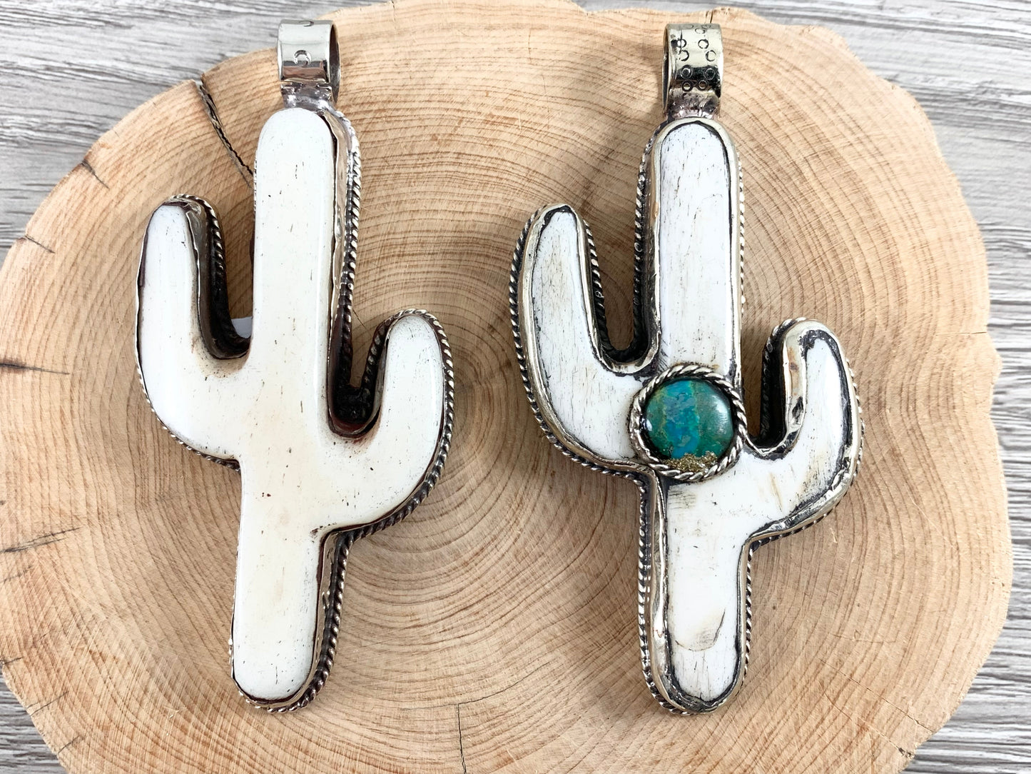 Tibetan Silver Bone Cactus Pendant with Turquoise Handmade Pendant