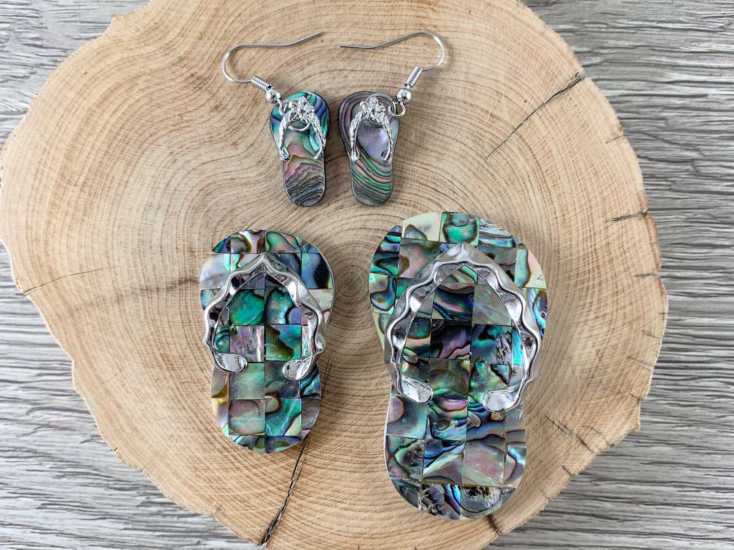 Abalone and Trocas Shell Flip Flop Beach Sandal Pendant & Matching Earrings Summer Time Beach Jewelry