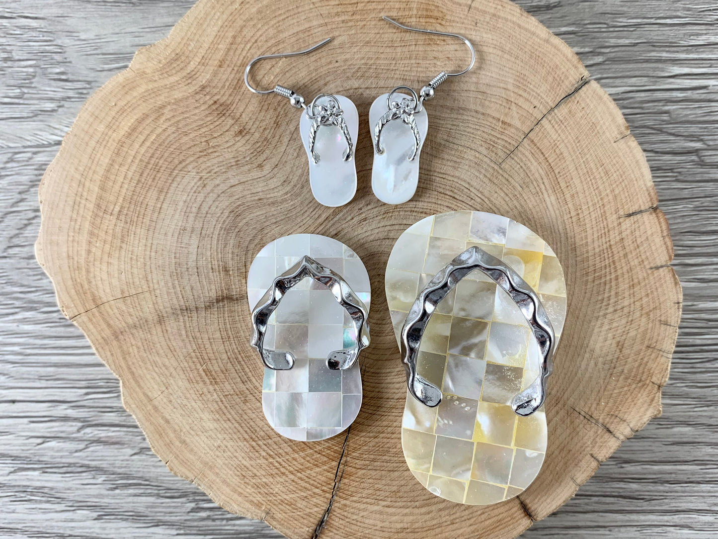 Abalone and Trocas Shell Flip Flop Beach Sandal Pendant & Matching Earrings Summer Time Beach Jewelry