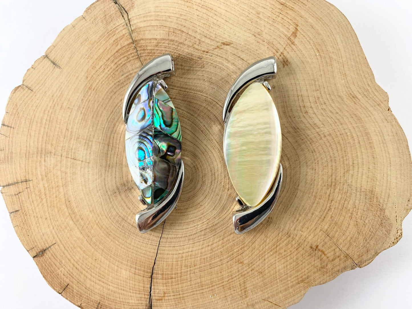 Natural Abalone & Yellow Trocas Shell Marquis Shape Silver Pendant Beach Jewelry/Decoration for Summer Time!