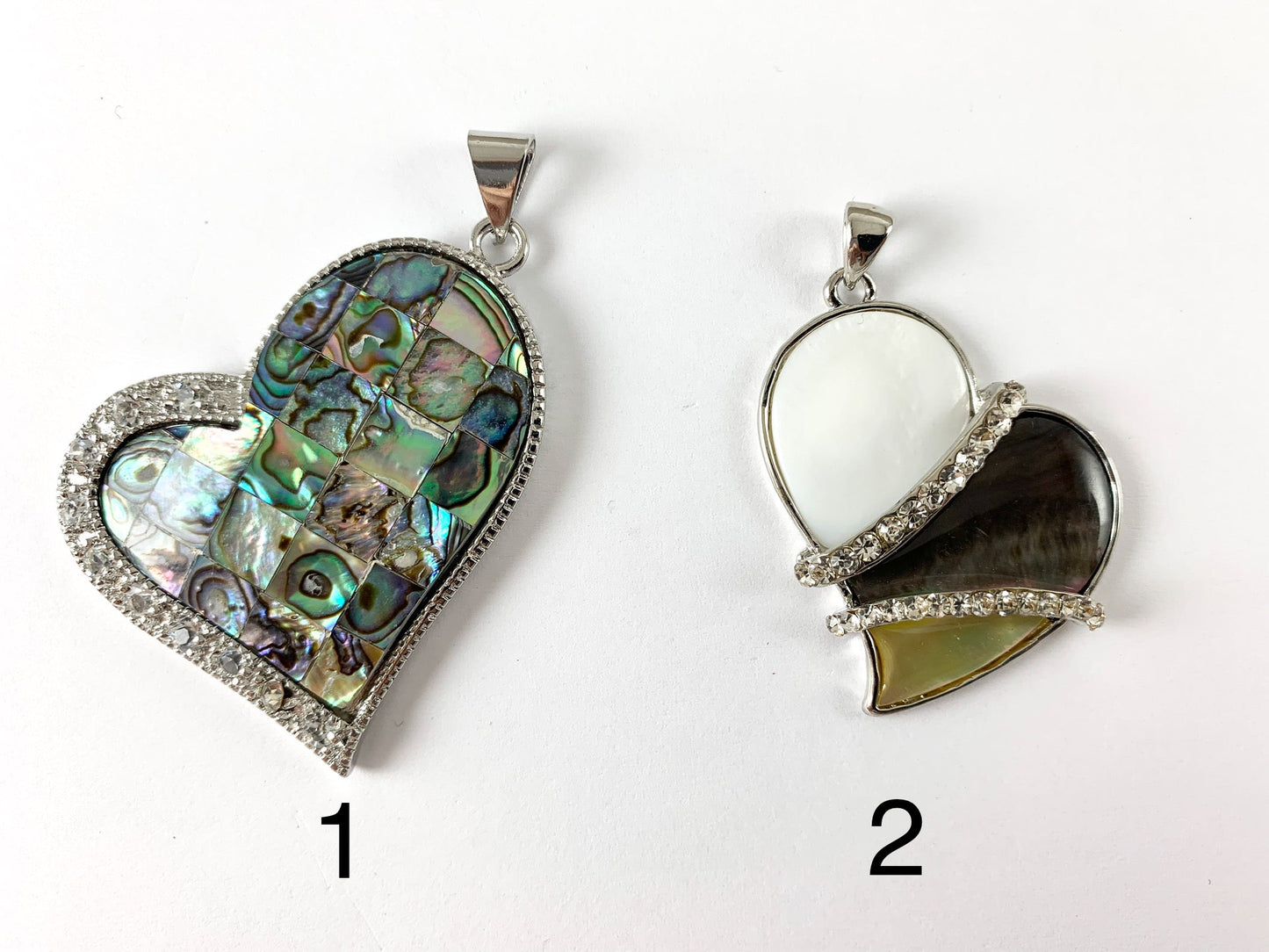 Abalone & Colorful Shell Sideway Heart Silver Rhinestone Pendant White Lip/Black Lip Shell/ Yellow Trocas Shell For Jewelry Making and Craft