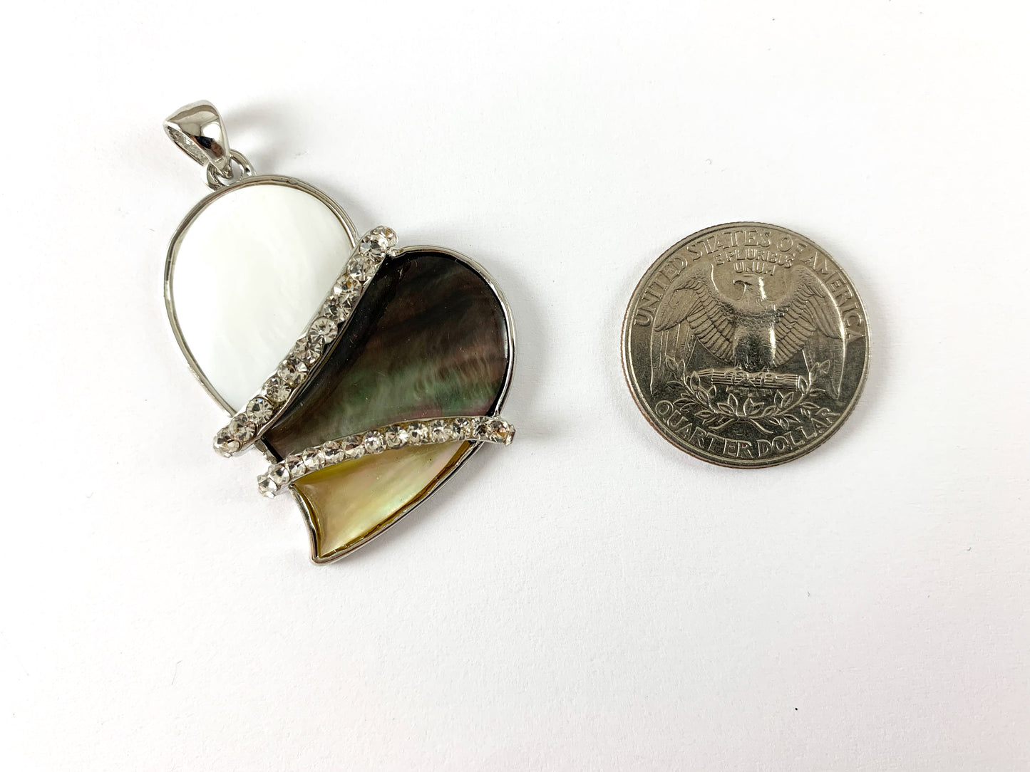 Abalone & Colorful Shell Sideway Heart Silver Rhinestone Pendant White Lip/Black Lip Shell/ Yellow Trocas Shell For Jewelry Making and Craft