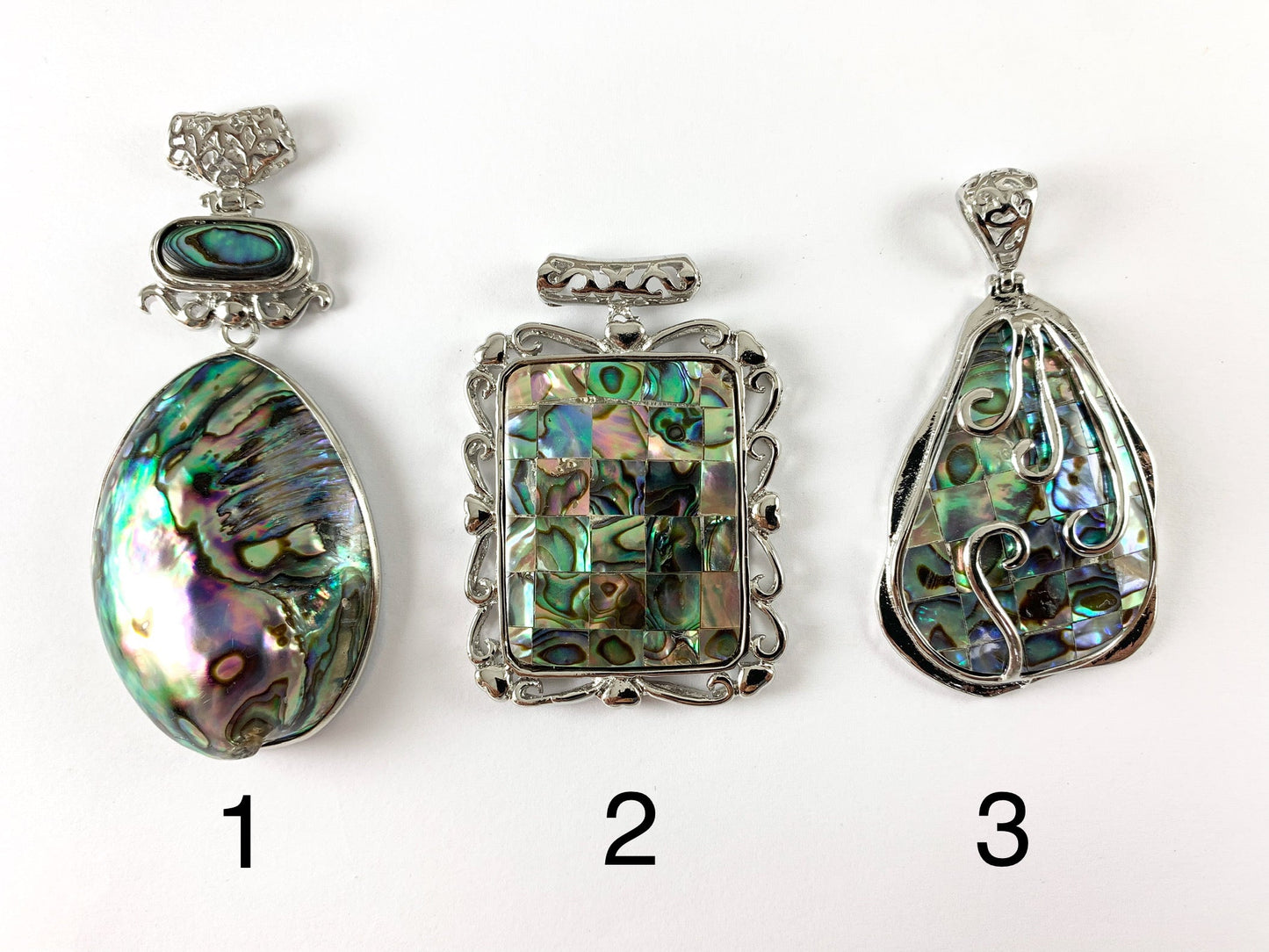 Abalone Large Oval Rectangle Teardrop Shape Pendant with Filigree Silver Wire Beach Jewelry