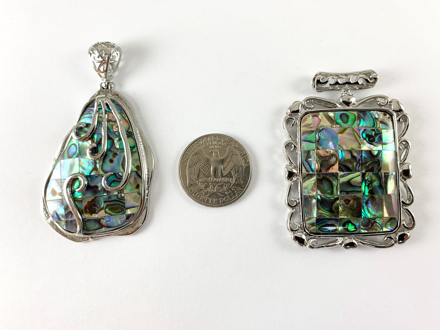 Abalone Large Oval Rectangle Teardrop Shape Pendant with Filigree Silver Wire Beach Jewelry