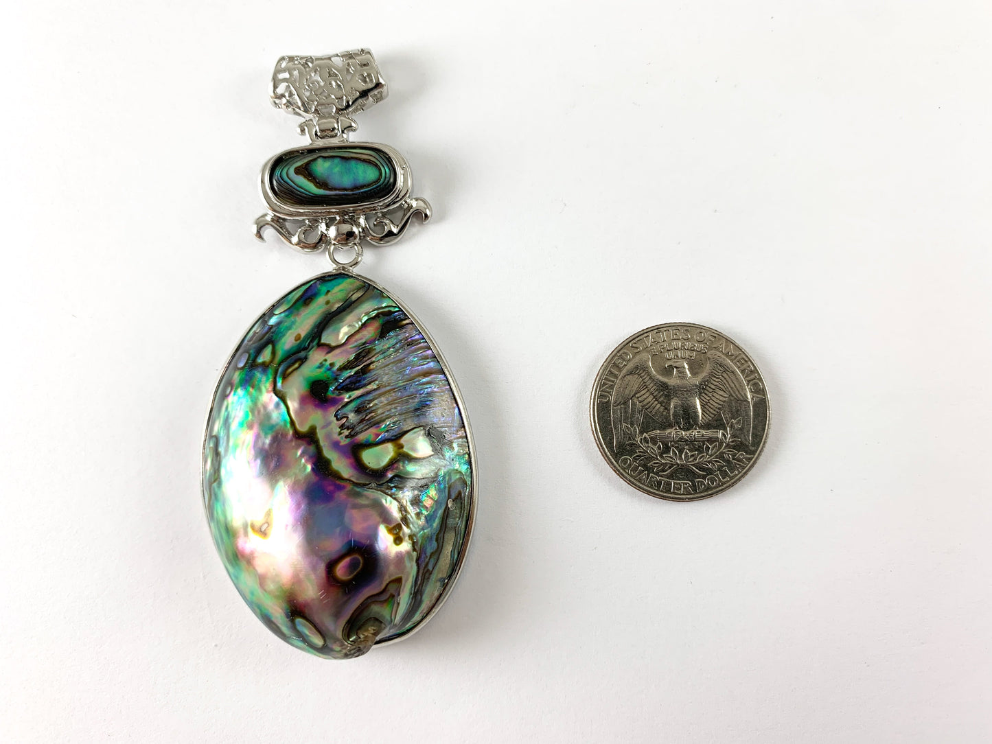 Abalone Large Oval Rectangle Teardrop Shape Pendant with Filigree Silver Wire Beach Jewelry