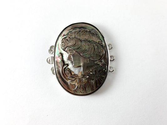 Vintage Woman Cameo Black Lip Shell Oval Silver Decorative Layered Detangler Clasp Connector with 3 Loops Bracelet, Necklace or Belt Clip