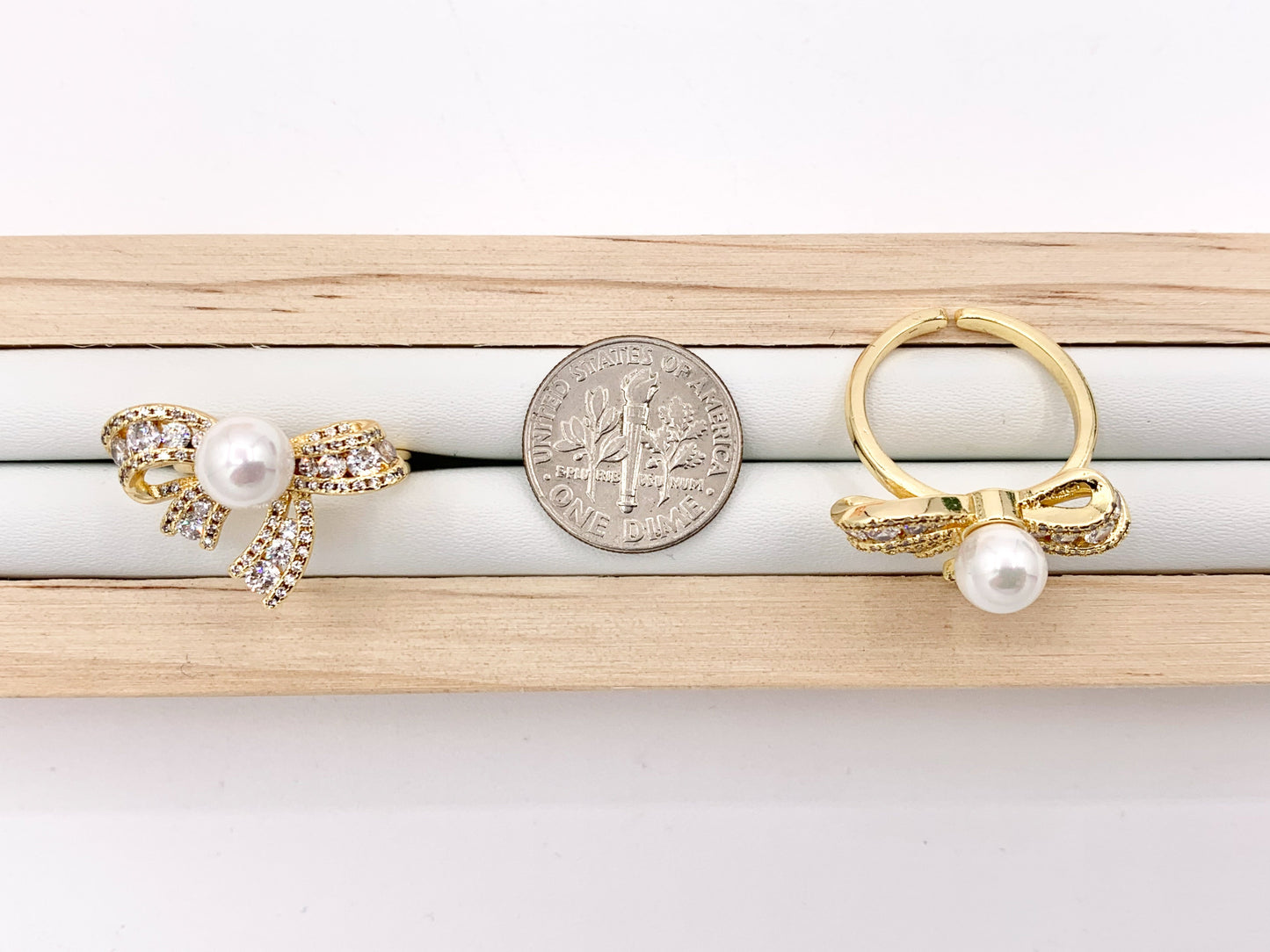 Beautiful Pearl Bow Tie Adjustable Ring in Real Gold 18K Plated with CZ Pave 4 PCS