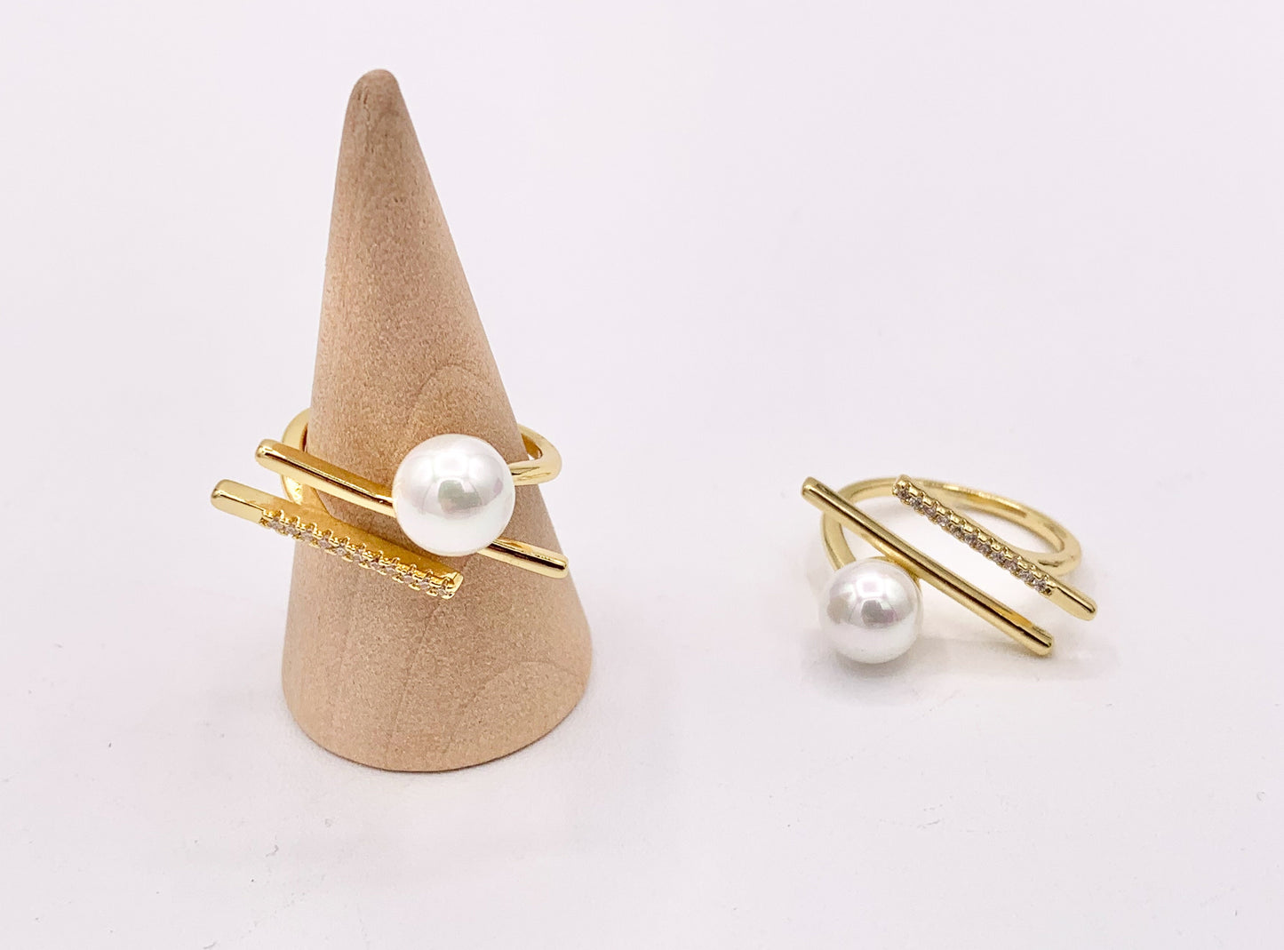 Statement Pearl Cubic Zirconia Open Front Rings in 18K Gold Plated Copper 5 PCS