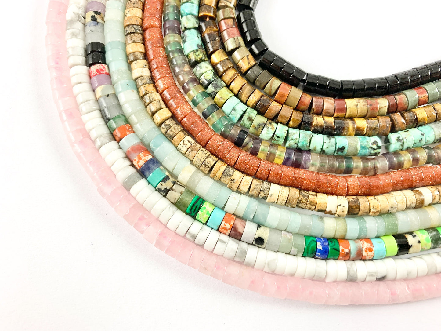 4mm Assorted Stone Heishi Beads Rose Quartz, Natural White Howlite, Amazonite, Picture Jasper, Gold Stone, Tiger's Eye Etc Around 15-16"