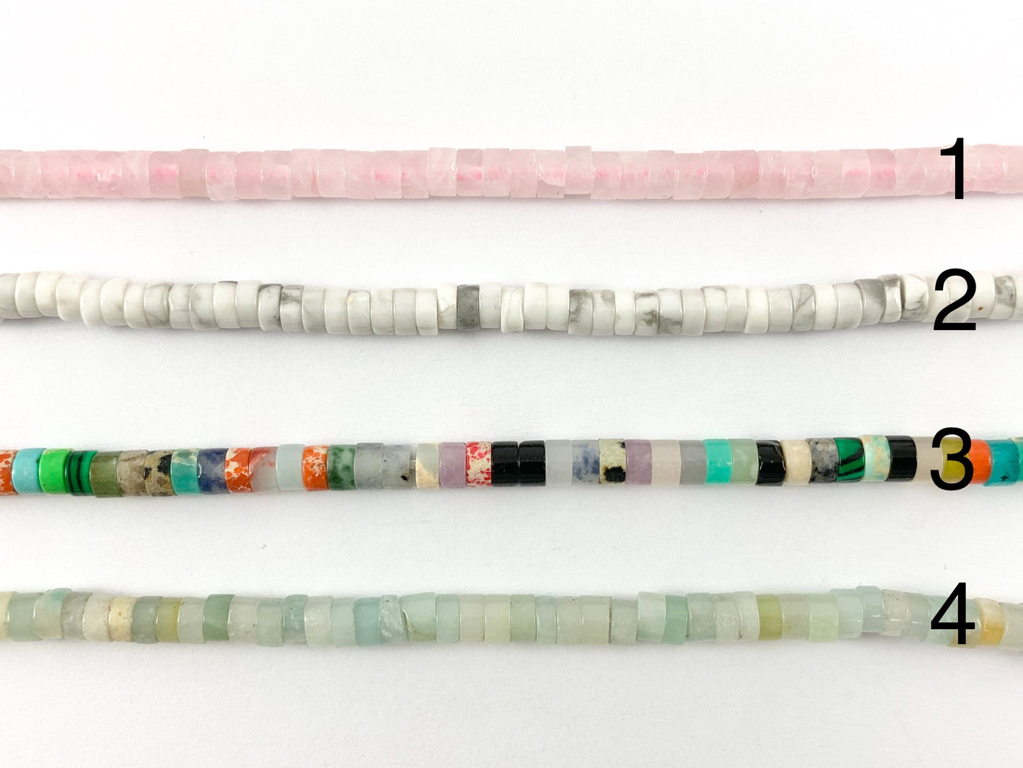 4mm Assorted Stone Heishi Beads Rose Quartz, Natural White Howlite, Amazonite, Picture Jasper, Gold Stone, Tiger's Eye Etc Around 15-16"