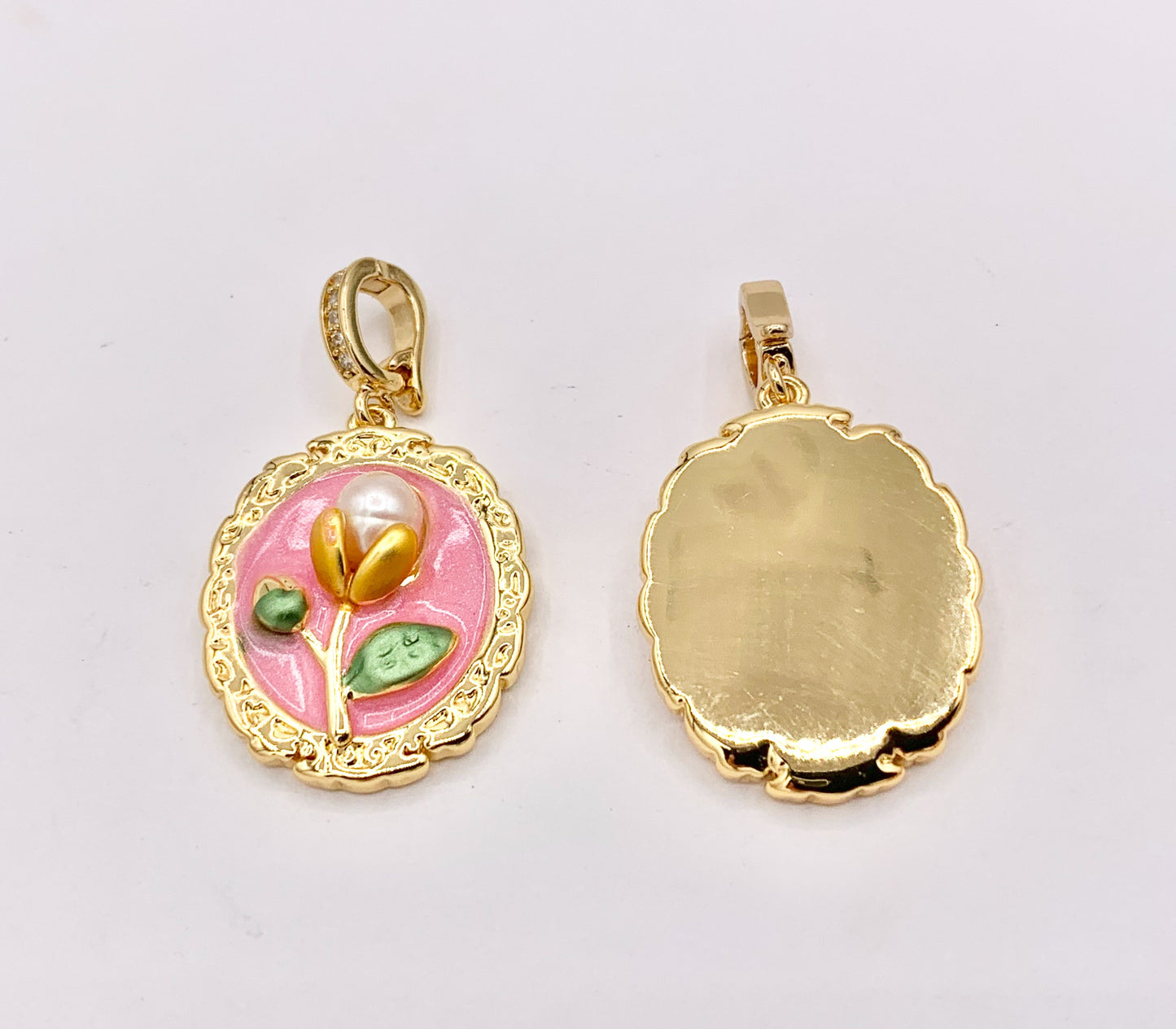 Vintage Style Pink Enamel Rose Flower with Faux Pearl in Oval Pendant With Open Bail Clasp in Real Gold 18K Plated Over Copper 4 PCS