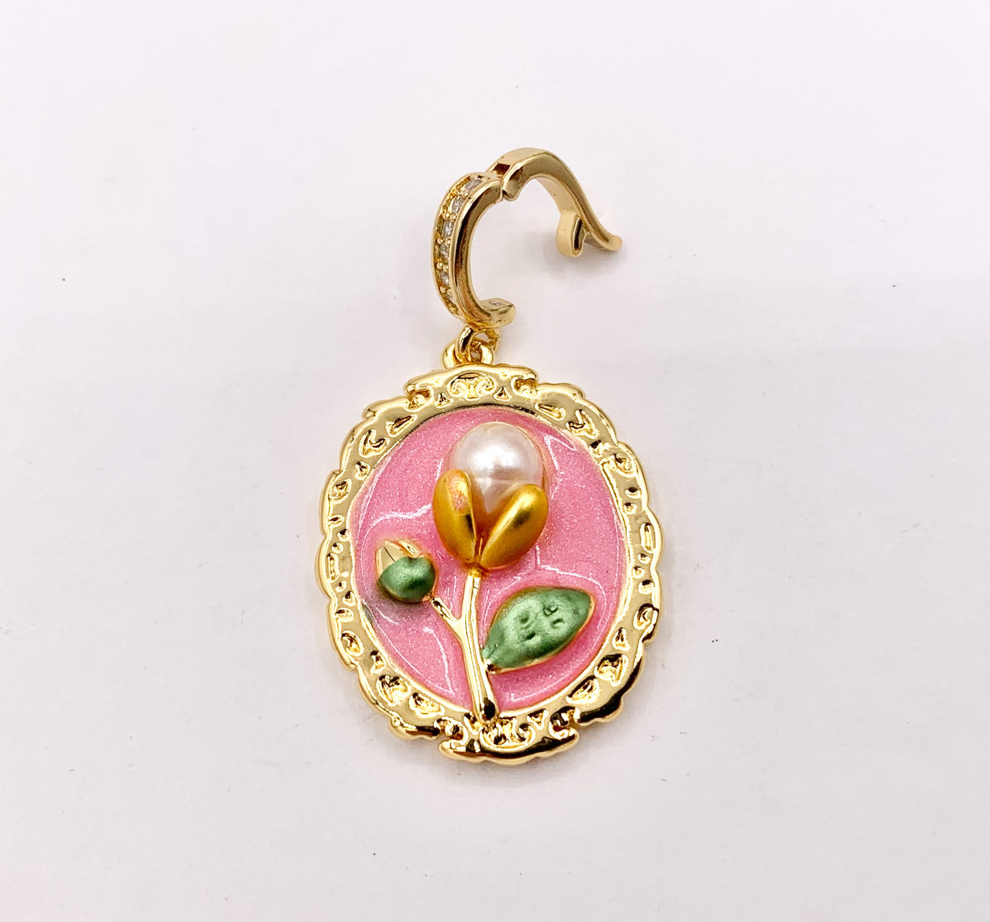 Vintage Style Pink Enamel Rose Flower with Faux Pearl in Oval Pendant With Open Bail Clasp in Real Gold 18K Plated Over Copper 4 PCS