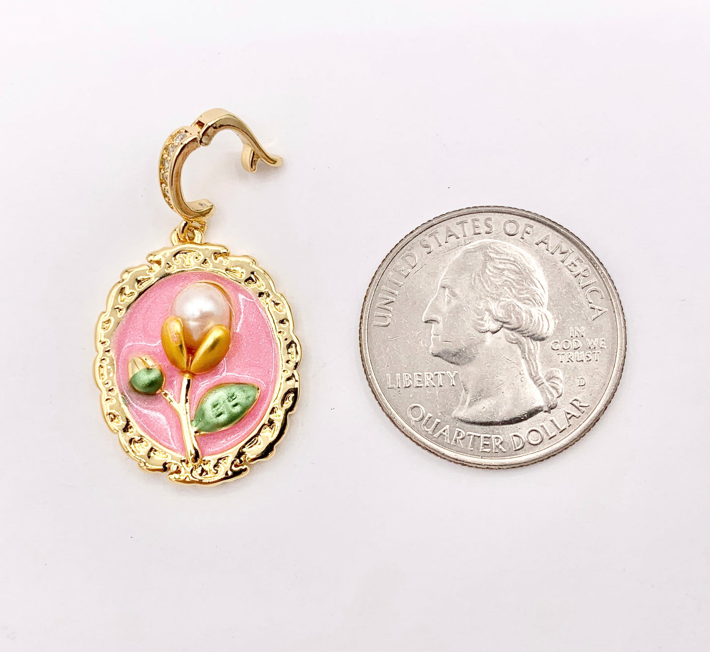 Vintage Style Pink Enamel Rose Flower with Faux Pearl in Oval Pendant With Open Bail Clasp in Real Gold 18K Plated Over Copper 4 PCS