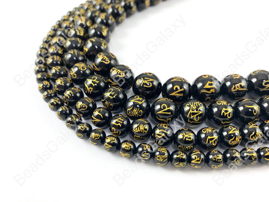 Black Onyx with Gold Powder Tibetan Six Syllable Mantra Hand Carved Round Shiny Natural Gemstone Beads High Quality Stone 6-12mm Around 15"