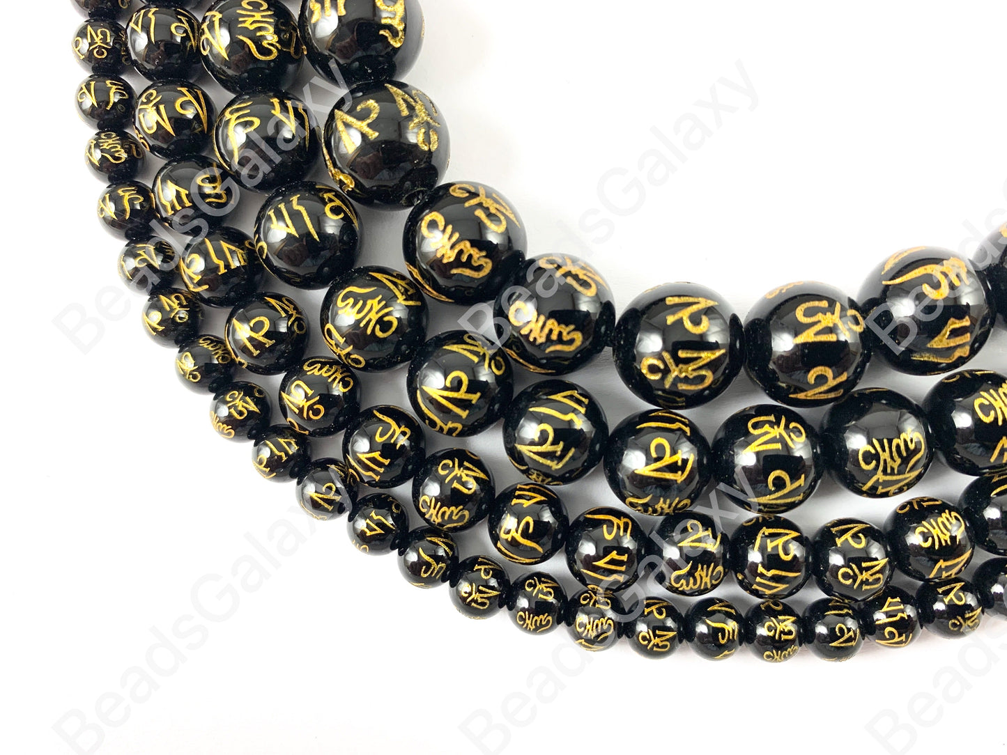 Black Onyx with Gold Powder Tibetan Six Syllable Mantra Hand Carved Round Shiny Natural Gemstone Beads High Quality Stone 6-12mm Around 15"