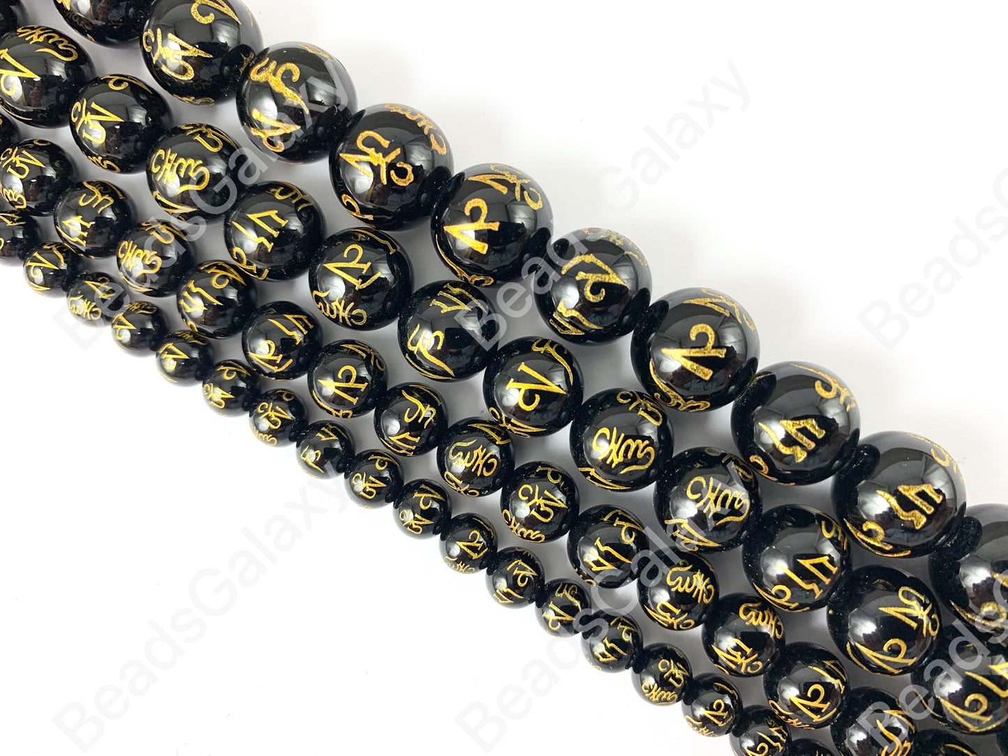 Black Onyx with Gold Powder Tibetan Six Syllable Mantra Hand Carved Round Shiny Natural Gemstone Beads High Quality Stone 6-12mm Around 15"