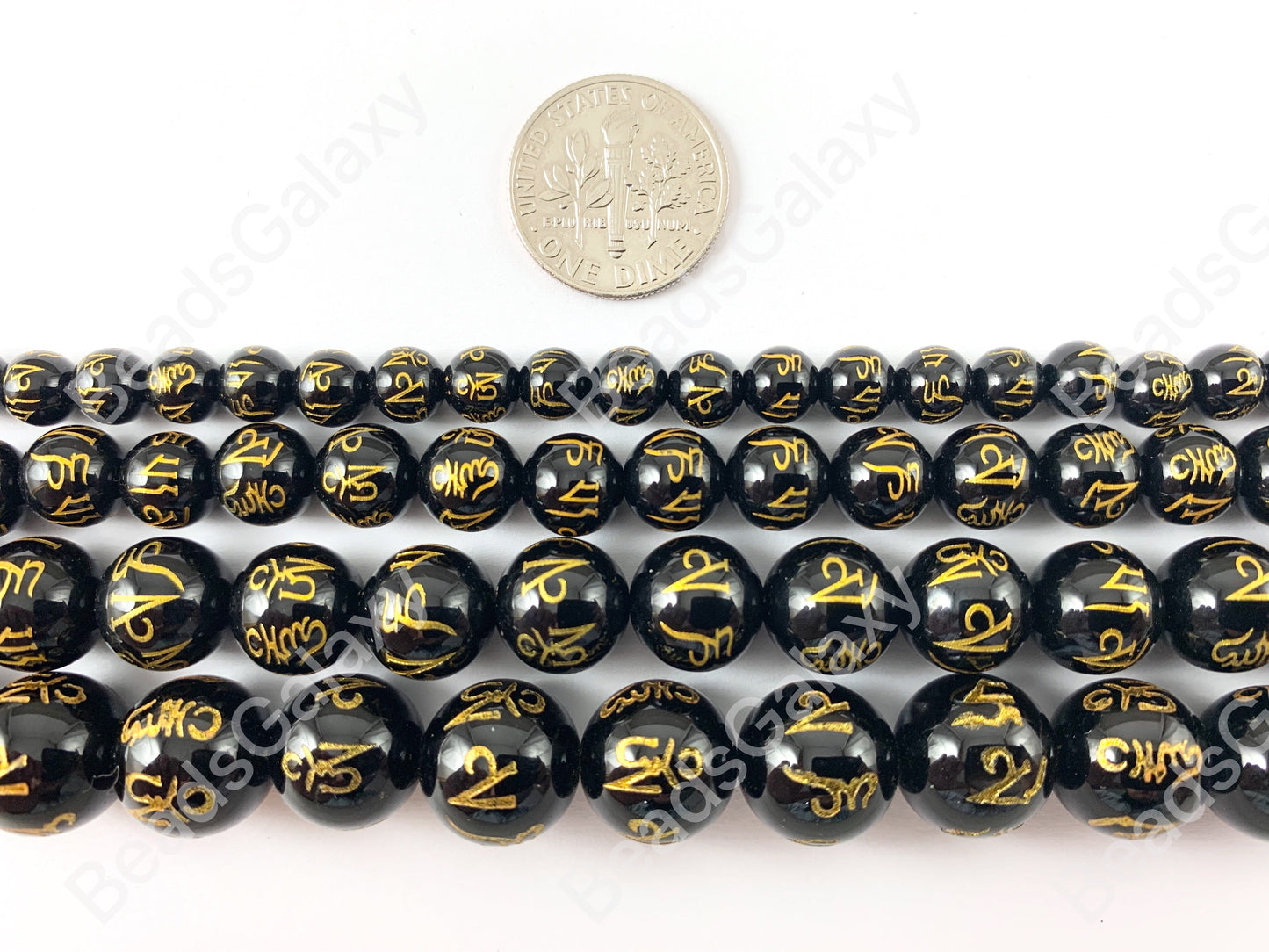 Black Onyx with Gold Powder Tibetan Six Syllable Mantra Hand Carved Round Shiny Natural Gemstone Beads High Quality Stone 6-12mm Around 15"