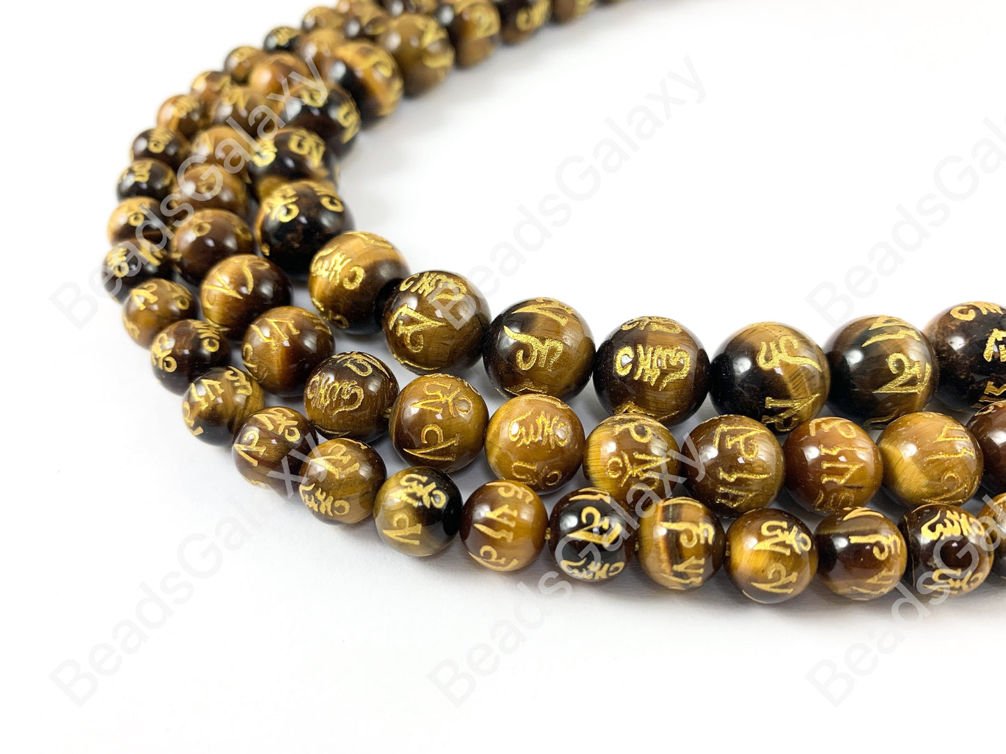 Yellow Tiger's Eye with Gold Powder Tibetan Six Syllable Mantra Hand Carved Round Natural Stone Beads High Quality Stone 8-12mm Around 15"