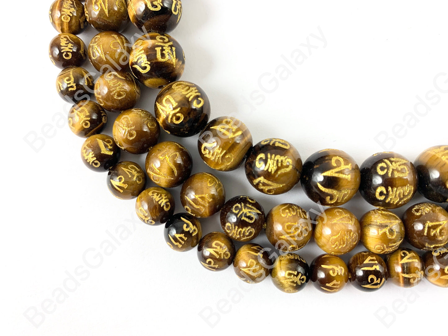 Yellow Tiger's Eye with Gold Powder Tibetan Six Syllable Mantra Hand Carved Round Natural Stone Beads High Quality Stone 8-12mm Around 15"