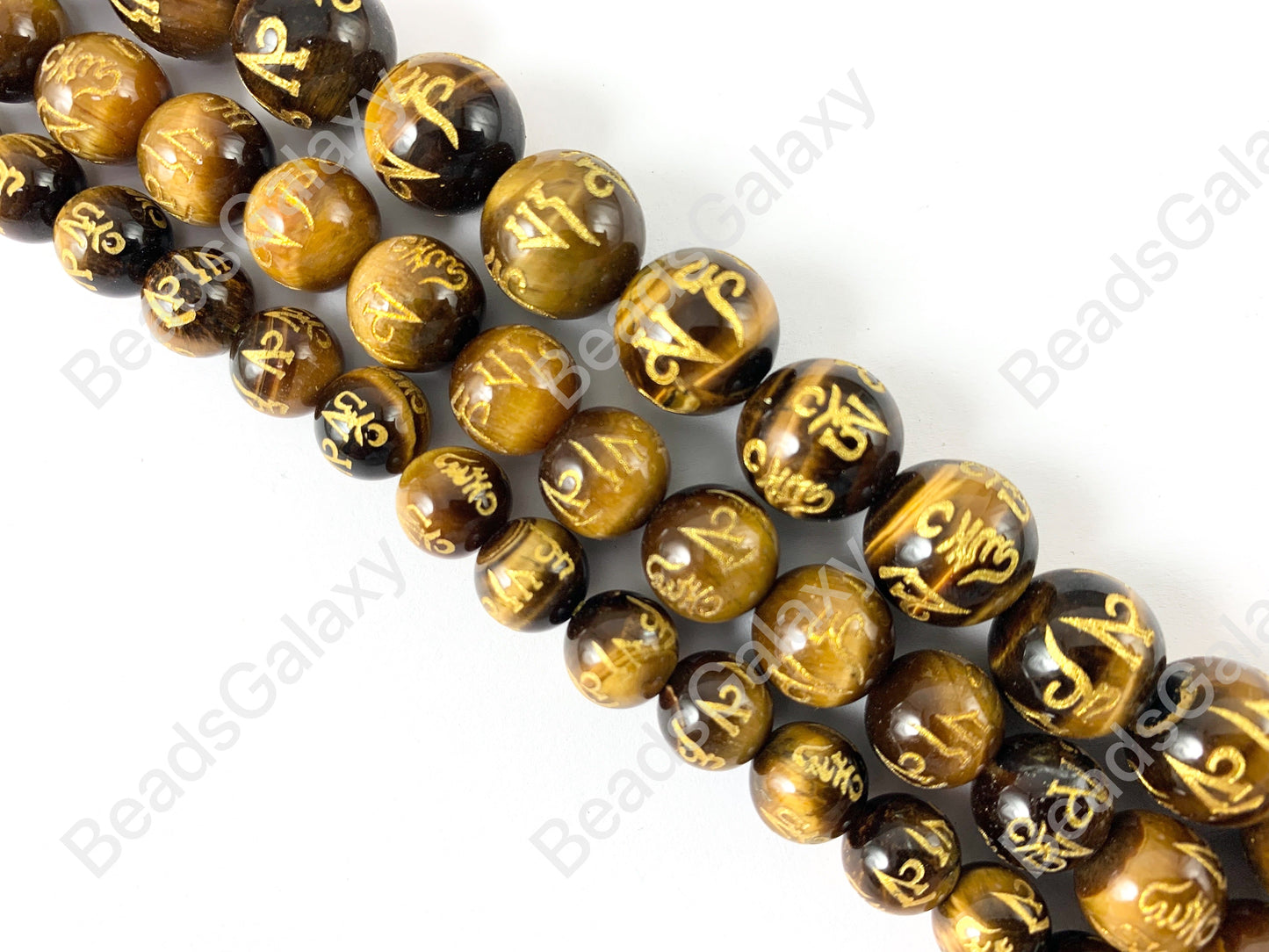 Yellow Tiger's Eye with Gold Powder Tibetan Six Syllable Mantra Hand Carved Round Natural Stone Beads High Quality Stone 8-12mm Around 15"