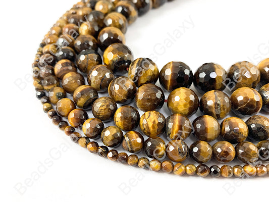 Yellow Tiger's Eye Round Faceted Beads Natural Shiny Gemstone Healing Energy Beads Men's and Women's Bracelet 4-14mm Around 15"