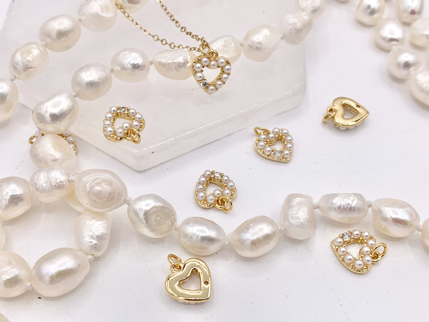 Tiny Mother of Pearl CZ Pave Heart Charm in Real Gold Plated 18K Over Copper 10 PCS