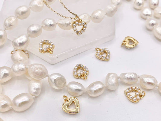 Tiny Mother of Pearl CZ Pave Heart Charm in Real Gold Plated 18K Over Copper 10 PCS