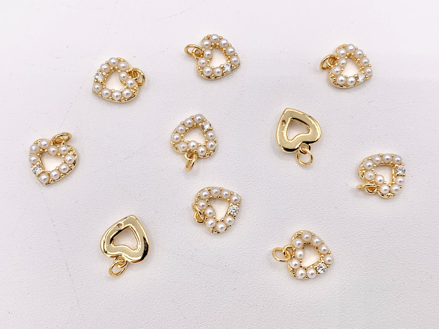 Tiny Mother of Pearl CZ Pave Heart Charm in Real Gold Plated 18K Over Copper 10 PCS