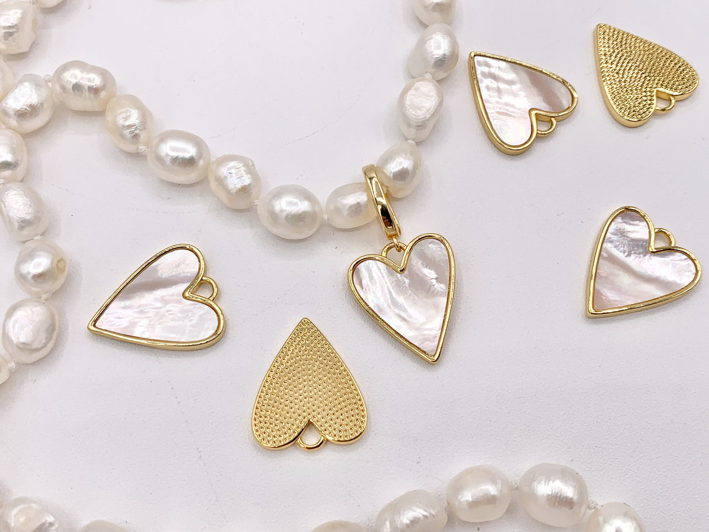 Mother of Pearl Heart Pendant Charm in Real Gold 18K Plated Over Brass 6PCS