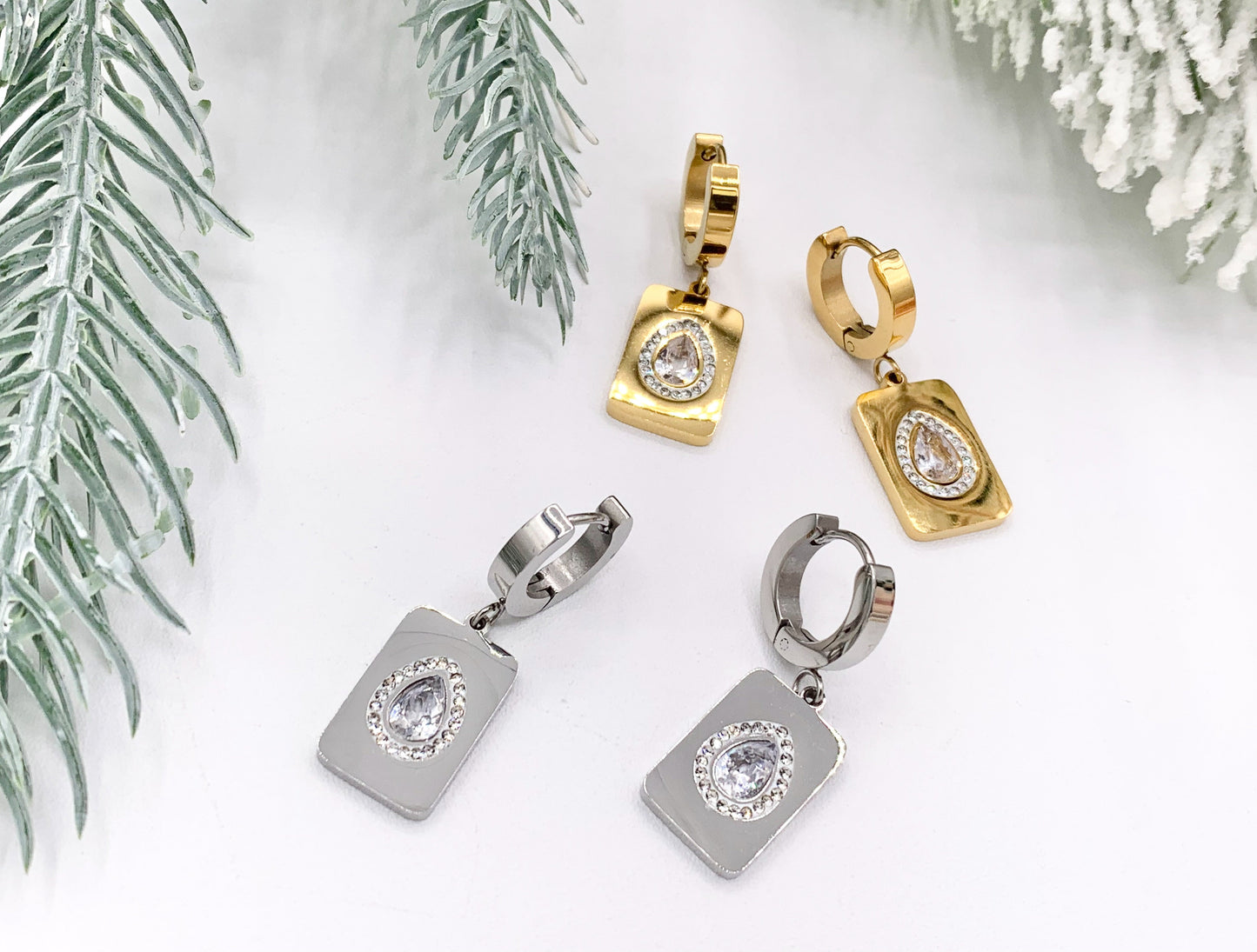 Stainless Steel CZ Pave Rectangle Earrings Huggies in 18K Gold/Silver plated Stainless Steel 3 PAIRS