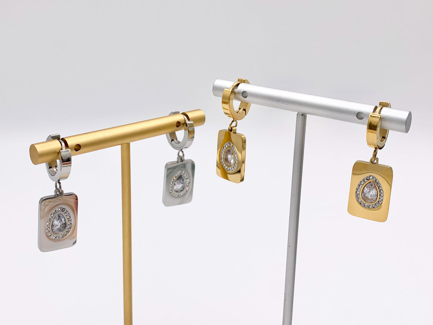 Stainless Steel CZ Pave Rectangle Earrings Huggies in 18K Gold/Silver plated Stainless Steel 3 PAIRS