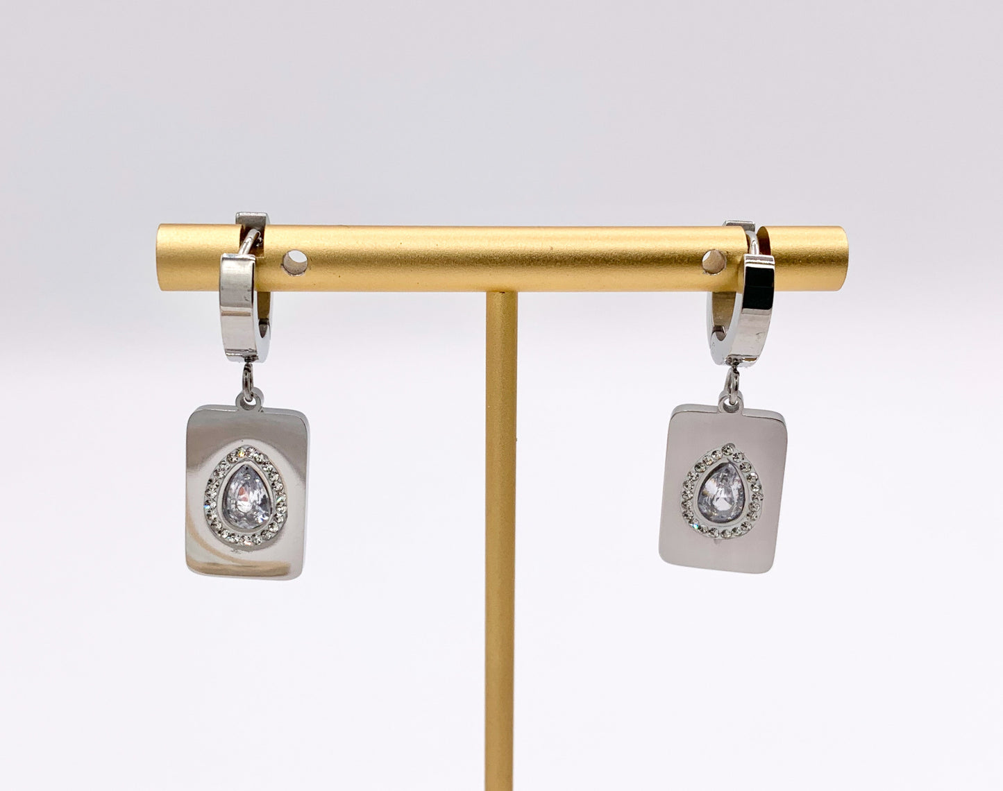 Stainless Steel CZ Pave Rectangle Earrings Huggies in 18K Gold/Silver plated Stainless Steel 3 PAIRS