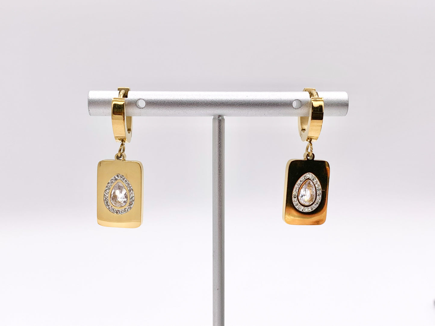 Stainless Steel CZ Pave Rectangle Earrings Huggies in 18K Gold/Silver plated Stainless Steel 3 PAIRS