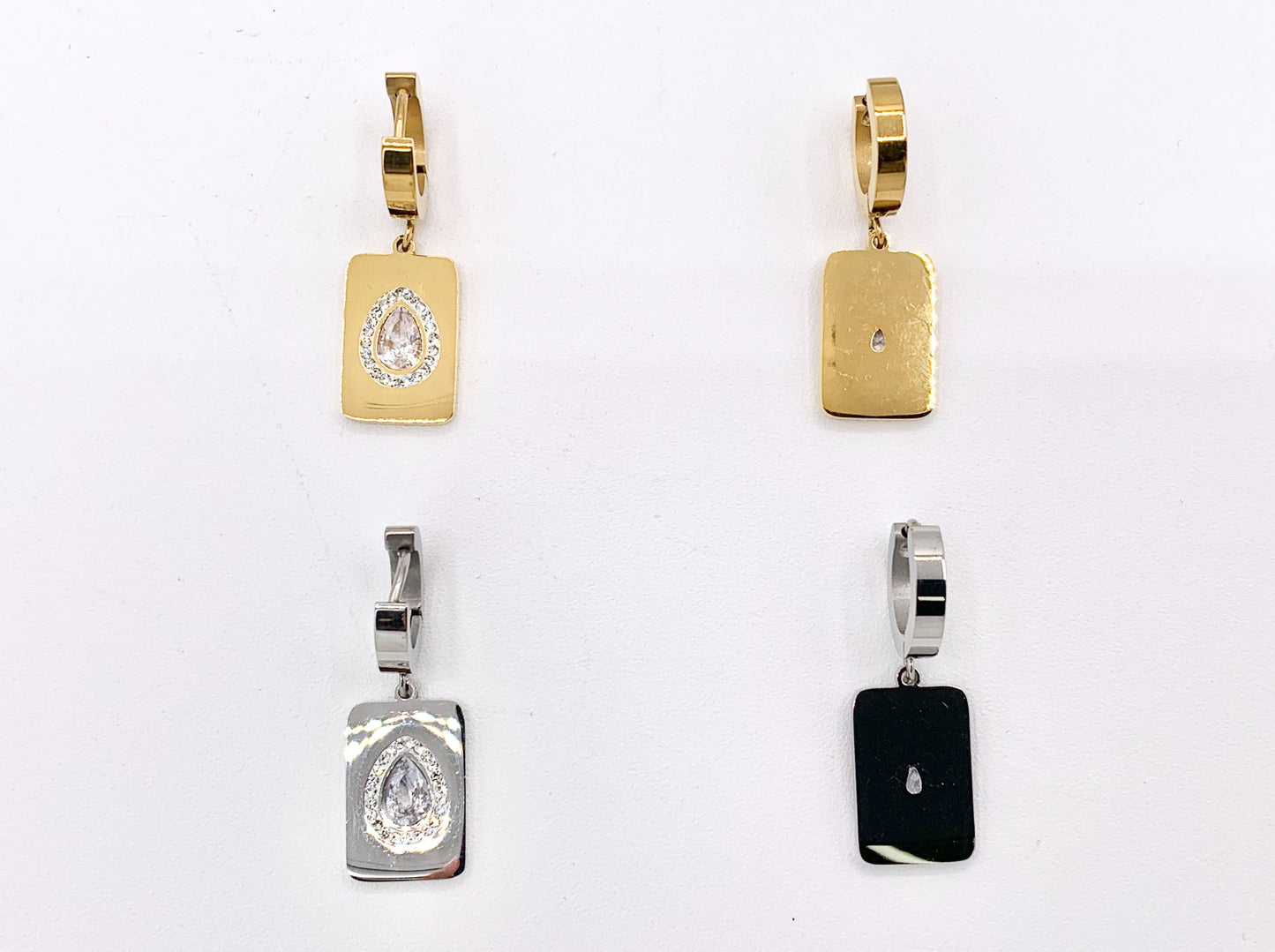Stainless Steel CZ Pave Rectangle Earrings Huggies in 18K Gold/Silver plated Stainless Steel 3 PAIRS