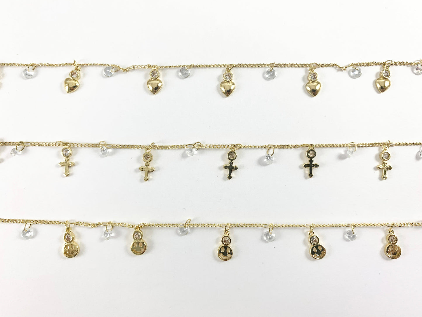 Real Gold 18K Plated CZ Pave Dainty Heart Cross Smiley Face Dangle Chain For Dangle Bracelets, Anklets and Necklaces Making