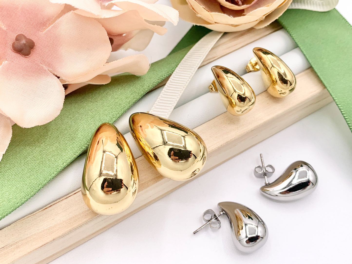 Stainless Steel Drop Puffy Earrings in 18K Gold or Silver Plated Stainless Steel