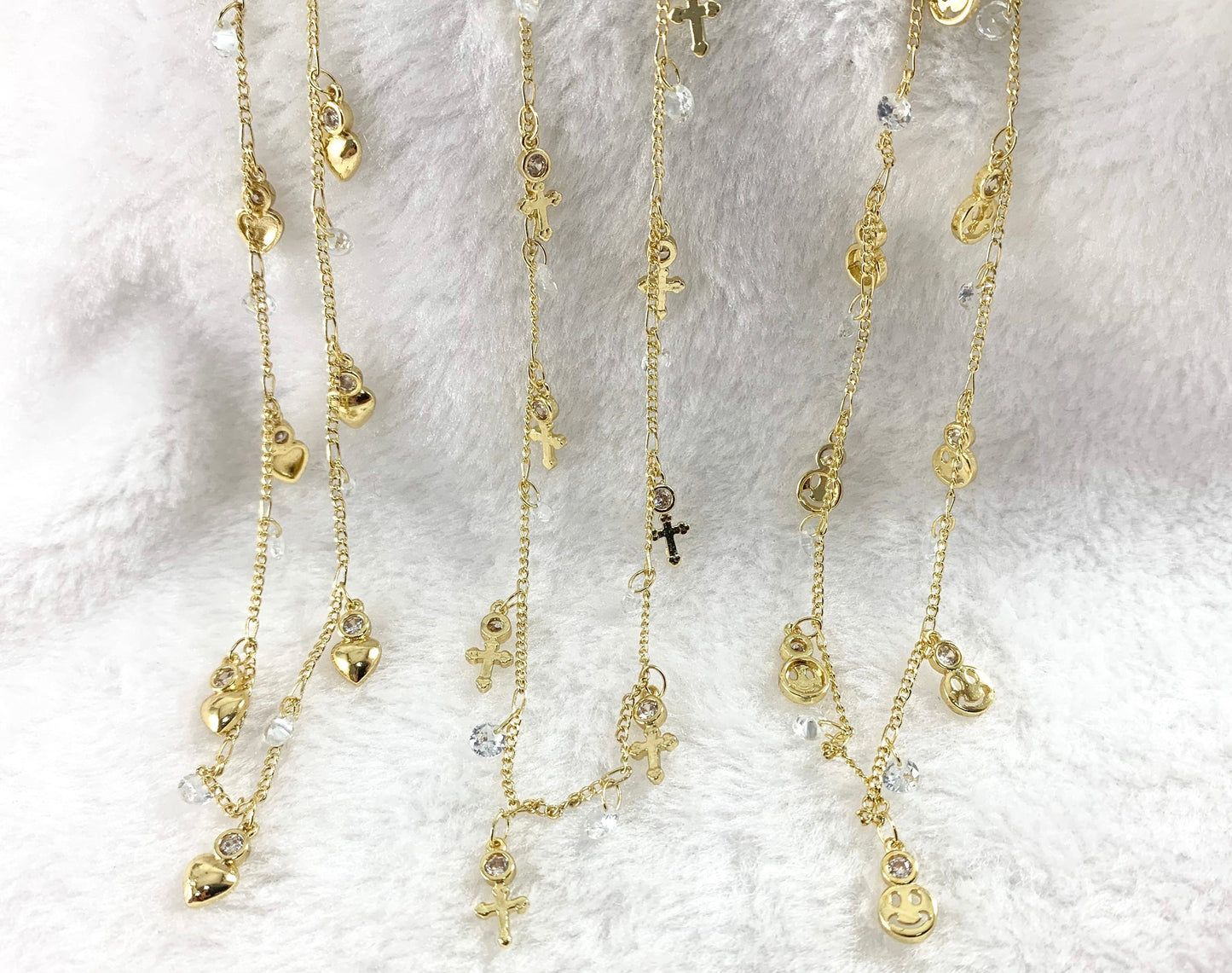 Real Gold 18K Plated CZ Pave Dainty Heart Cross Smiley Face Dangle Chain For Dangle Bracelets, Anklets and Necklaces Making