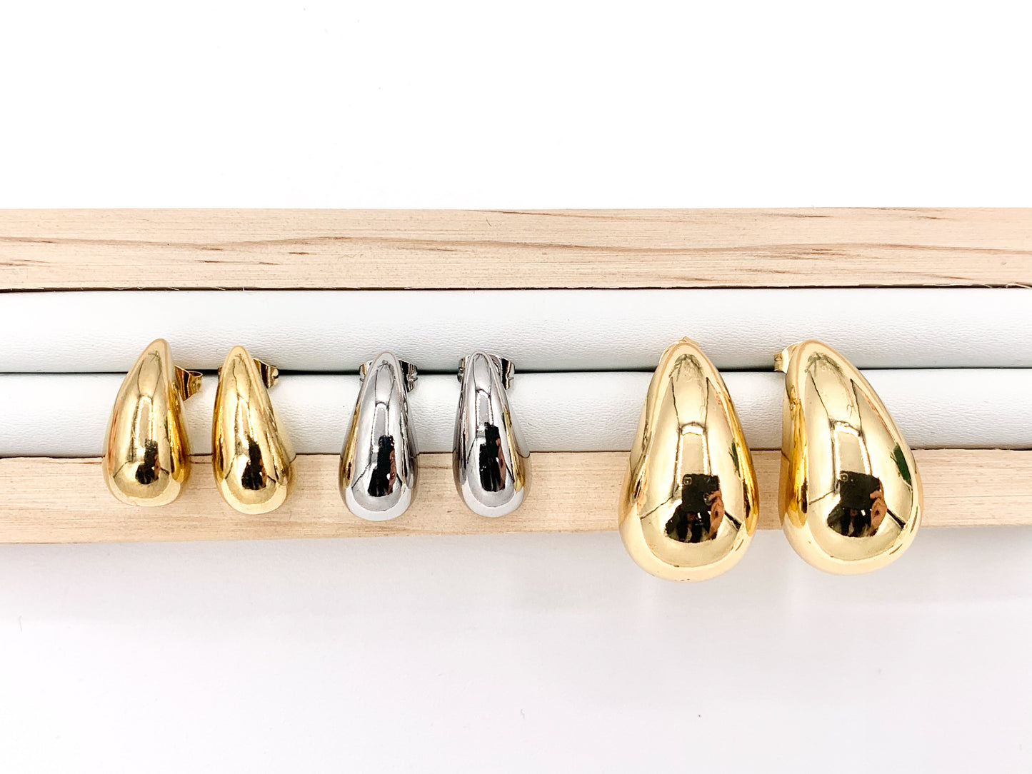 Stainless Steel Drop Puffy Earrings in 18K Gold or Silver Plated Stainless Steel