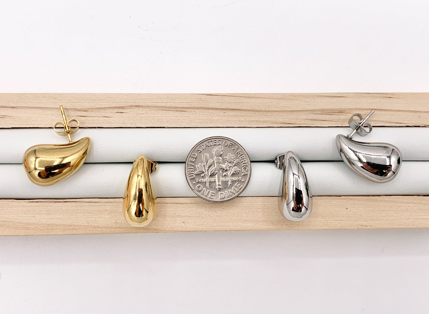 Stainless Steel Drop Puffy Earrings in 18K Gold or Silver Plated Stainless Steel