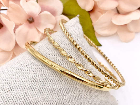 8 " Stainless Steel Round Plain and Twisted Roped Close Bangles in 18K Gold plated Stainless Steel