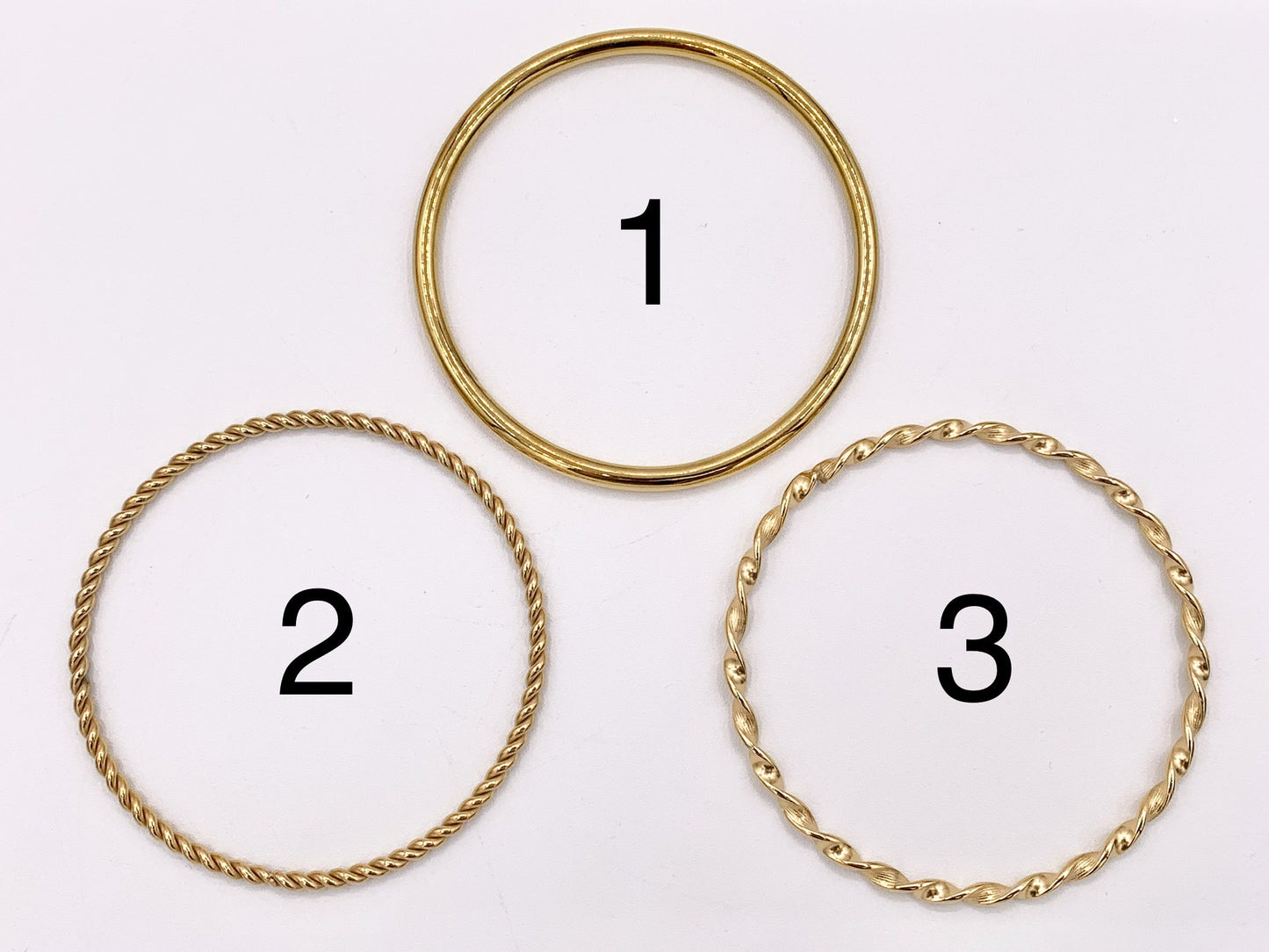 8 " Stainless Steel Round Plain and Twisted Roped Close Bangles in 18K Gold plated Stainless Steel